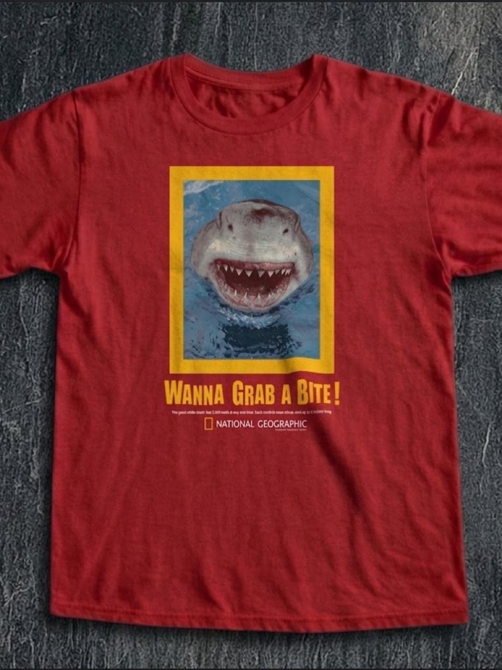 National Geographic Red Tee with Yellow-Trimmed Shark Graphic